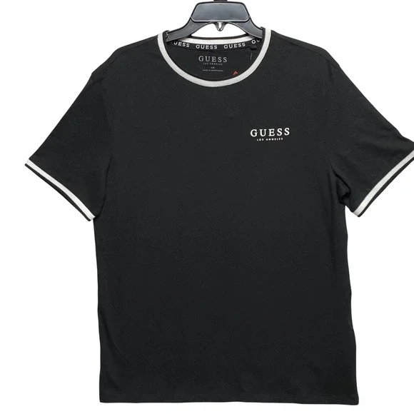 Guess  Mens Black Ringer T-Shirt White Logo Crew Neck Large NWT - Picture 2 of 6